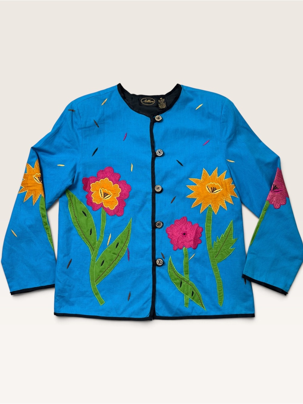 Allure Floral Applique Art to Wear Jacket Turquoise Blue Medium